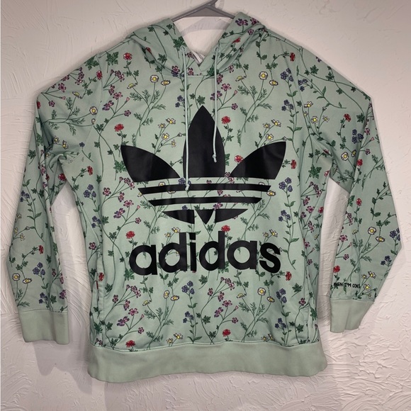 Adidas 3 Stripes Womens Sweatshirt Pullover Hoodie Floral Teal Size Medium - Picture 1 of 16